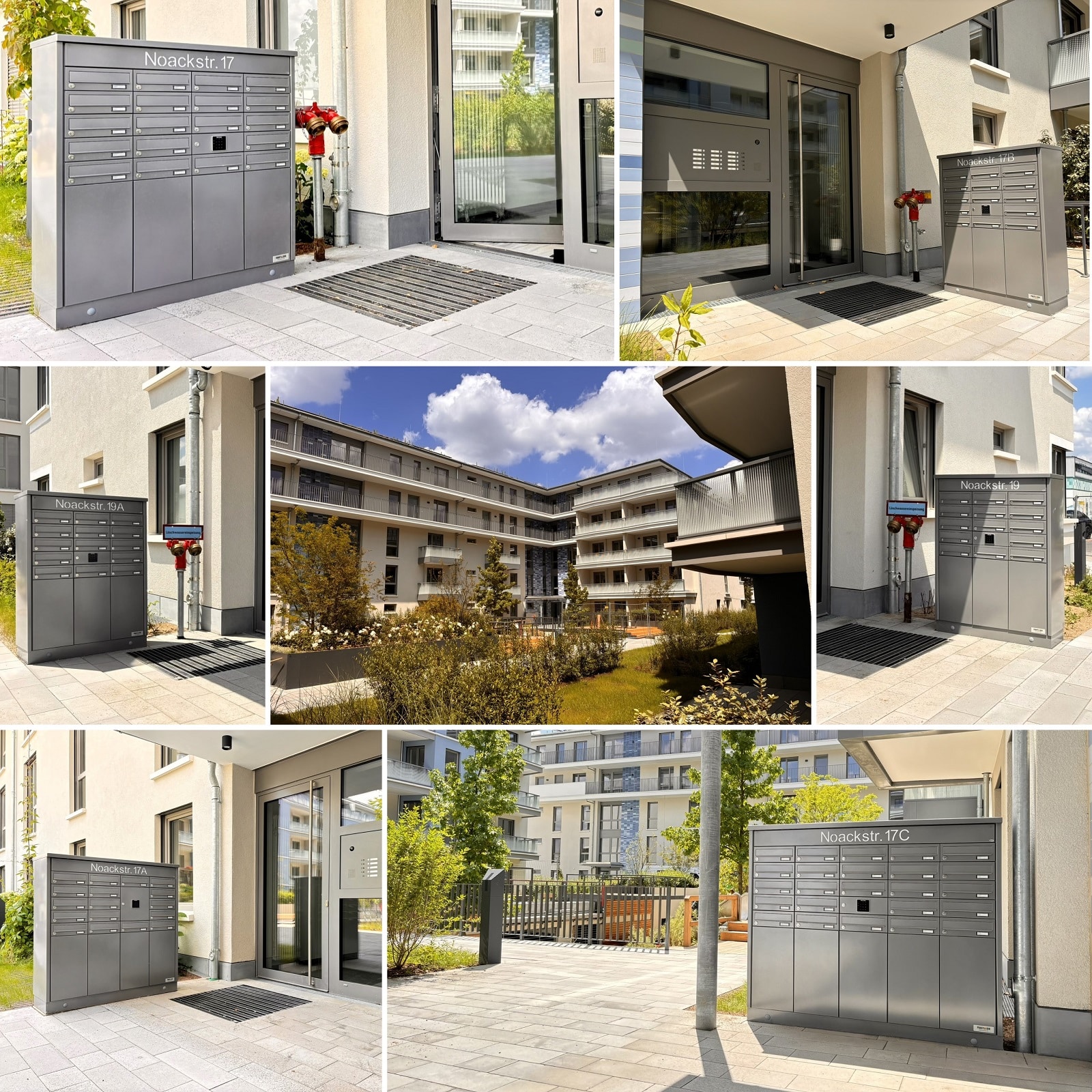 Collage von kombinierten Brief- und Paketkastenanlagen an Hauseingängen eines neugebauten Quartiers Diese Collage zeigt sechs mittelgraue, kombinierte Brief- und Paketkastenanlagen an Hauseingängen eines neugebauten Quartiers.