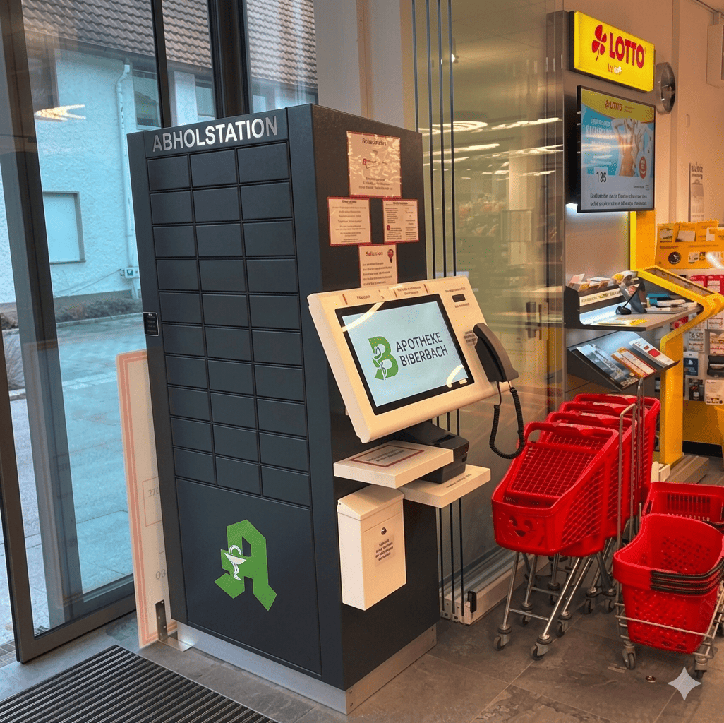 Abholstation mit eRezept-Terminal in einem Dorfladen in Biberbach